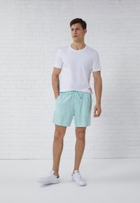 Shorts in light blue and white vertical stripes with an elastic waistband and drawstring; paired with a plain white crew-neck T-shirt and white sneakers.