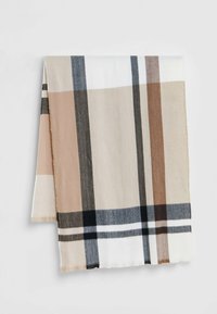 Sciarpa a quadri tessuta nei colori beige, marrone, blu navy e bianco. Presenta un tessuto morbido e testurizzato con strisce di larghezze variabili. Misura circa 70x140 cm.