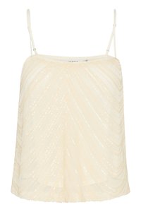 Cream tank top featuring thin straps, a loose fit, and a sequined wave pattern throughout, adding texture and visual interest.