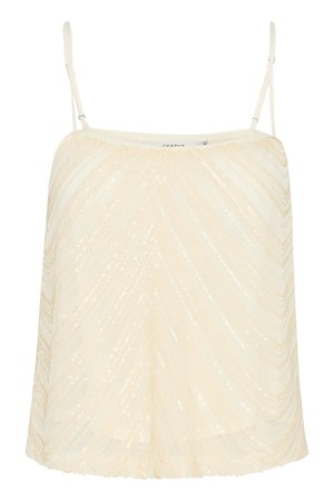 Cream tank top featuring thin straps, a loose fit, and a sequined wave pattern throughout, adding texture and visual interest.