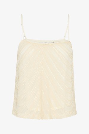 Kremowy top na ramiączkach z cienkimi paskami, luźny krój oraz falisty wzór w cekiny, który dodaje faktury i wizualnego zainteresowania.