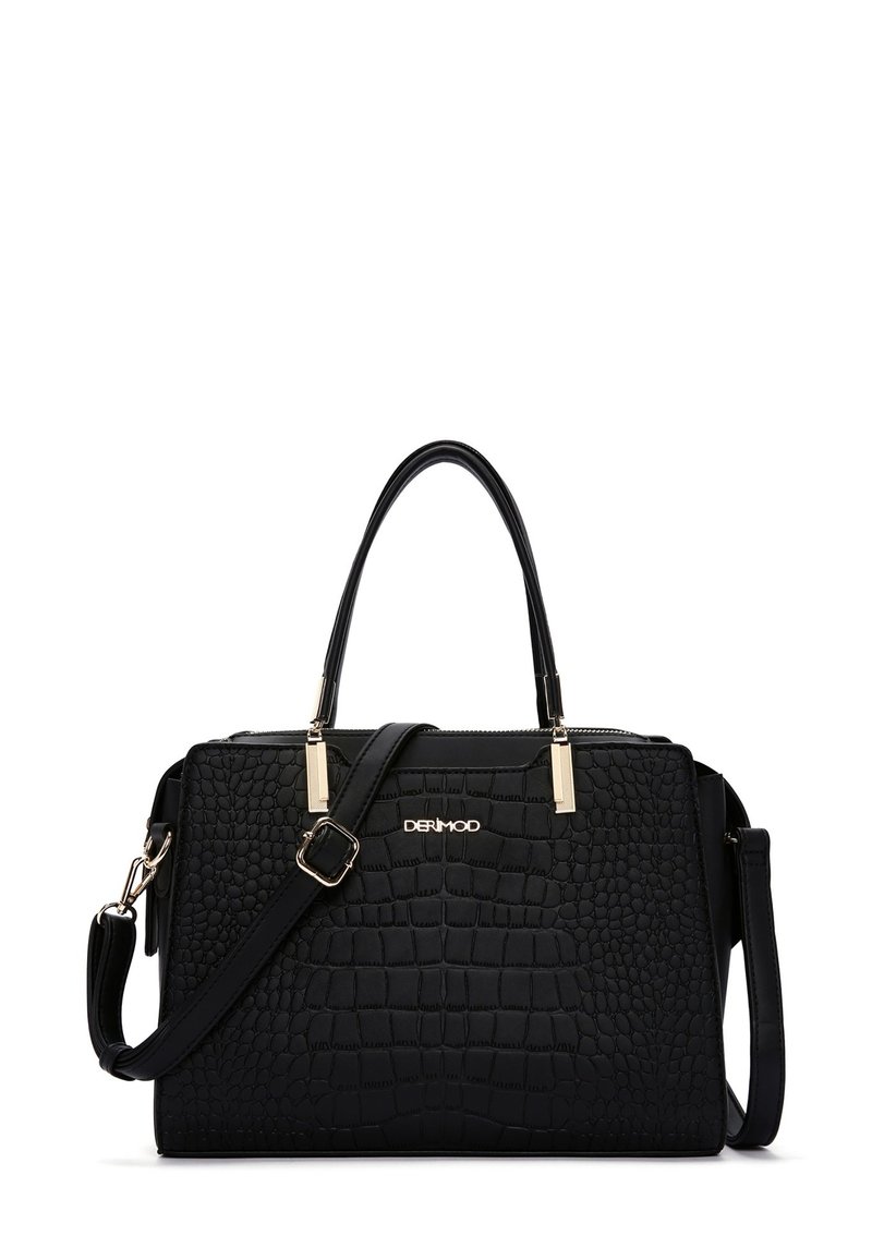 Sac à main en simili cuir noir avec texture crocodile, poignées doubles et bandoulière amovible. Accent en métal doré et détail du logo.