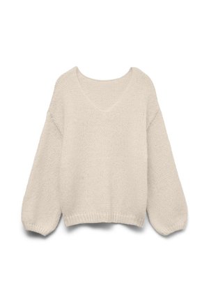 Roomkleurige gebreide trui met een V-hals, lange ballonmouwen en een geribbelde zoom en manchetten, weergegeven tegen een witte achtergrond.