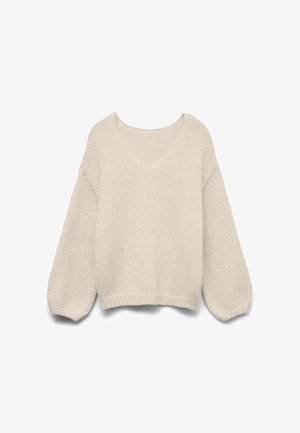 Kremowy sweter z dzianiny z dekoltem w serek, długimi bufiastymi rękawami oraz prążkowanym dołem i mankietami, prezentowany na białym tle.