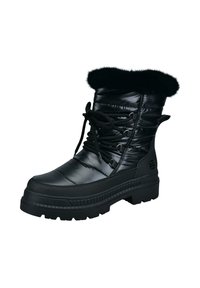 Schwarze isolierte Winterstiefel mit einem glänzenden synthetischen Obermaterial, Kunstpelzkragen, dickem Gummisohle und Schnürdesign mit Metallösen.
