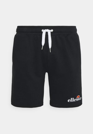 Zwarte katoenen shorts met een elastische tailleband, witte trekkoord en geborduurd "ellesse" logo in kleur aan de onderkant aan de linkerkant.