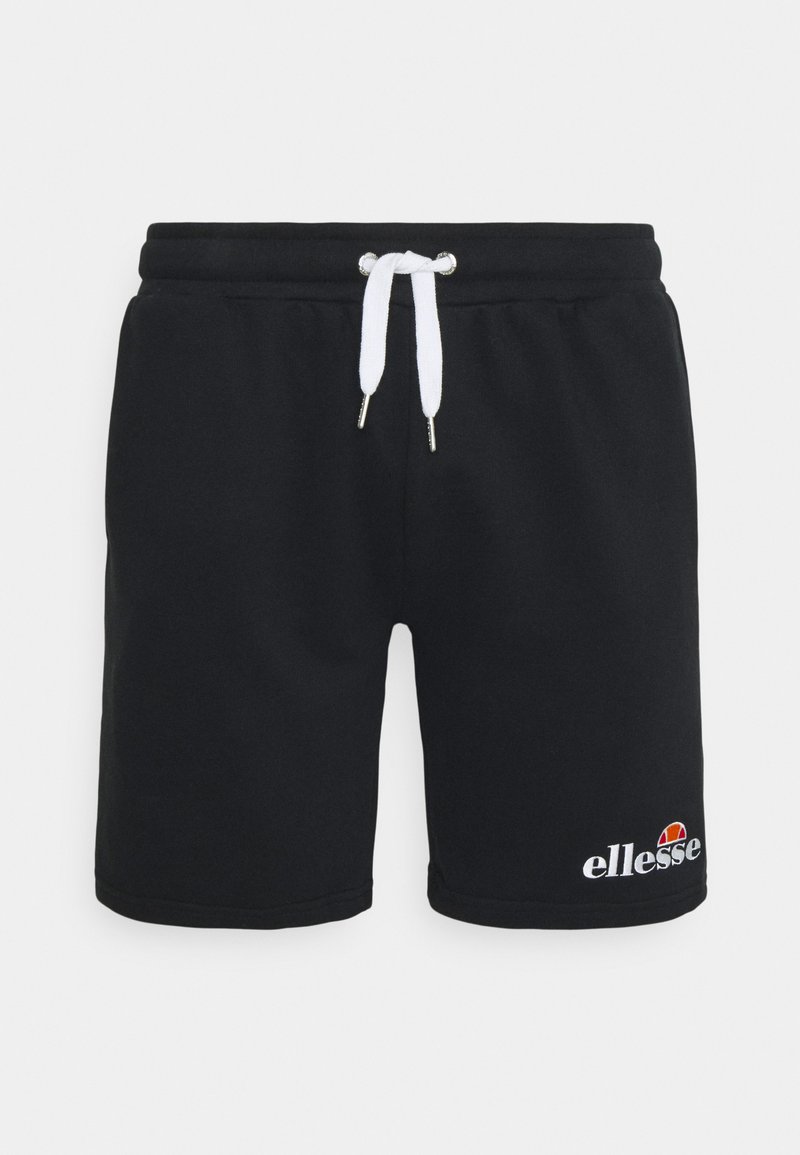 Schwarze Baumwollshorts mit elastischem Bund, weißem Kordelzug und gesticktem "ellesse"-Logo in Farbe auf der unteren linken Seite.