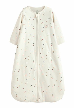 Babyschlafsack in Cremeton mit langen Ärmeln, mehrfarbigen Konfettipunkten, Frontreißverschluss und Textpatch "happy little human" auf der Brust.