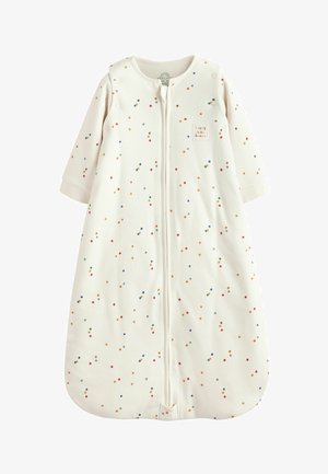 Babyschlafsack in Cremeton mit langen Ärmeln, mehrfarbigen Konfettipunkten, Frontreißverschluss und Textpatch "happy little human" auf der Brust.