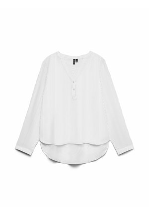 Blouse blanche à manches longues avec de fines rayures verticales grises, encolure ronde avec trois boutons, et ourlet arrondi plus long à l'arrière.