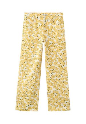 Pantalon droit avec imprimé floral jaune sur fond blanc, avec poches avant et taille à fermeture par bouton.