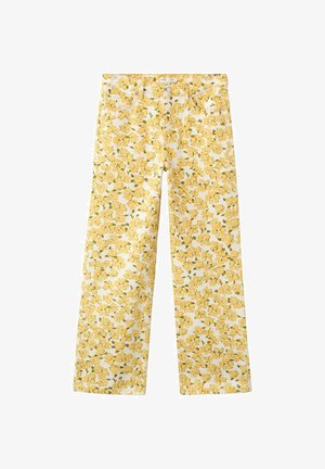 Pantalon droit avec imprimé floral jaune sur fond blanc, avec poches avant et taille à fermeture par bouton.