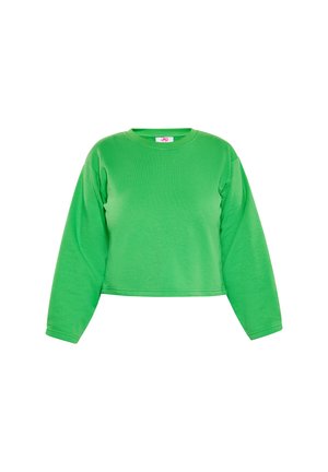 Lysegrøn cropped sweatshirt med lange ærmer og rund halsudskæring på hvid baggrund.