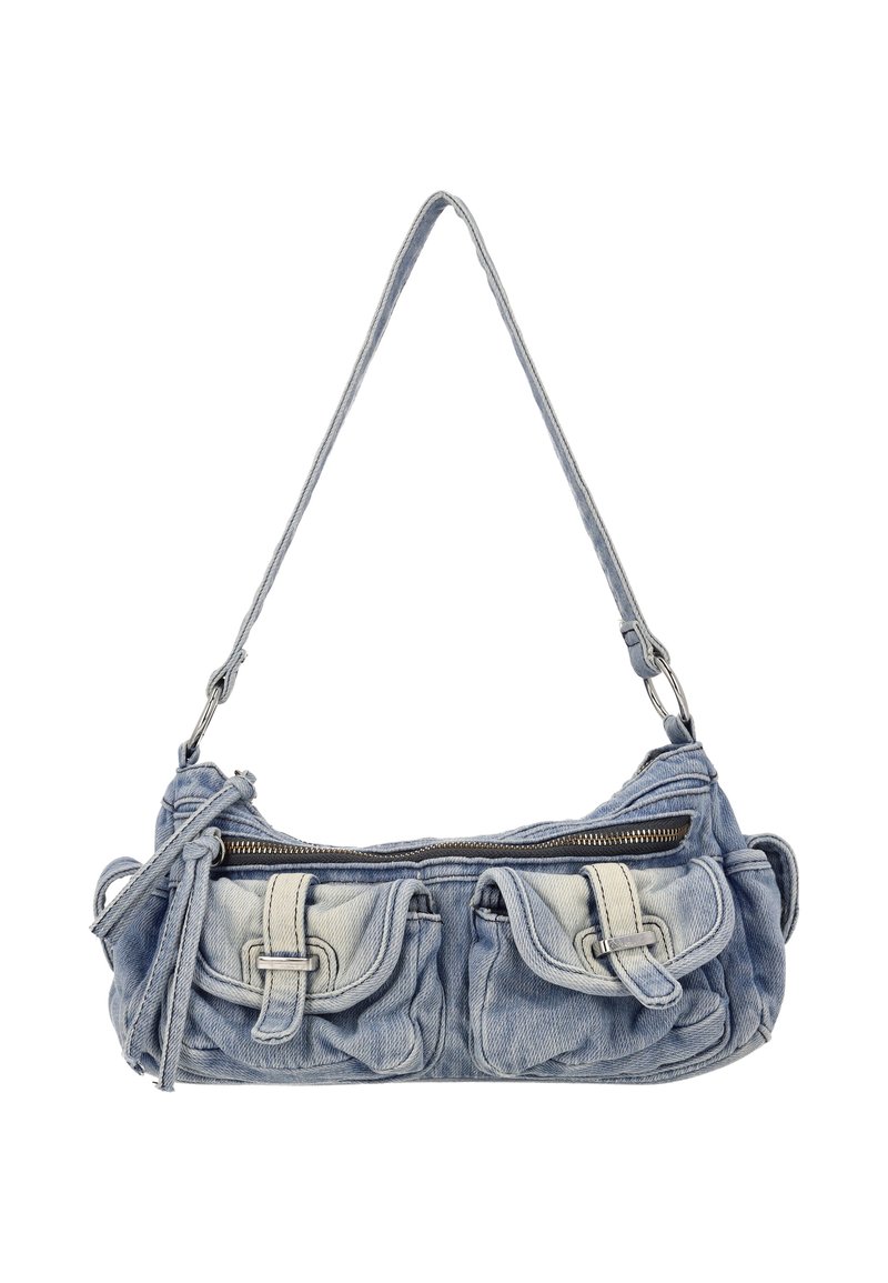 Jeanstasche in Hellblau mit Reißverschluss, zwei Vordertaschen und strukturierter Oberfläche. Verfügt über einen dünnen, verstellbaren Riemen.