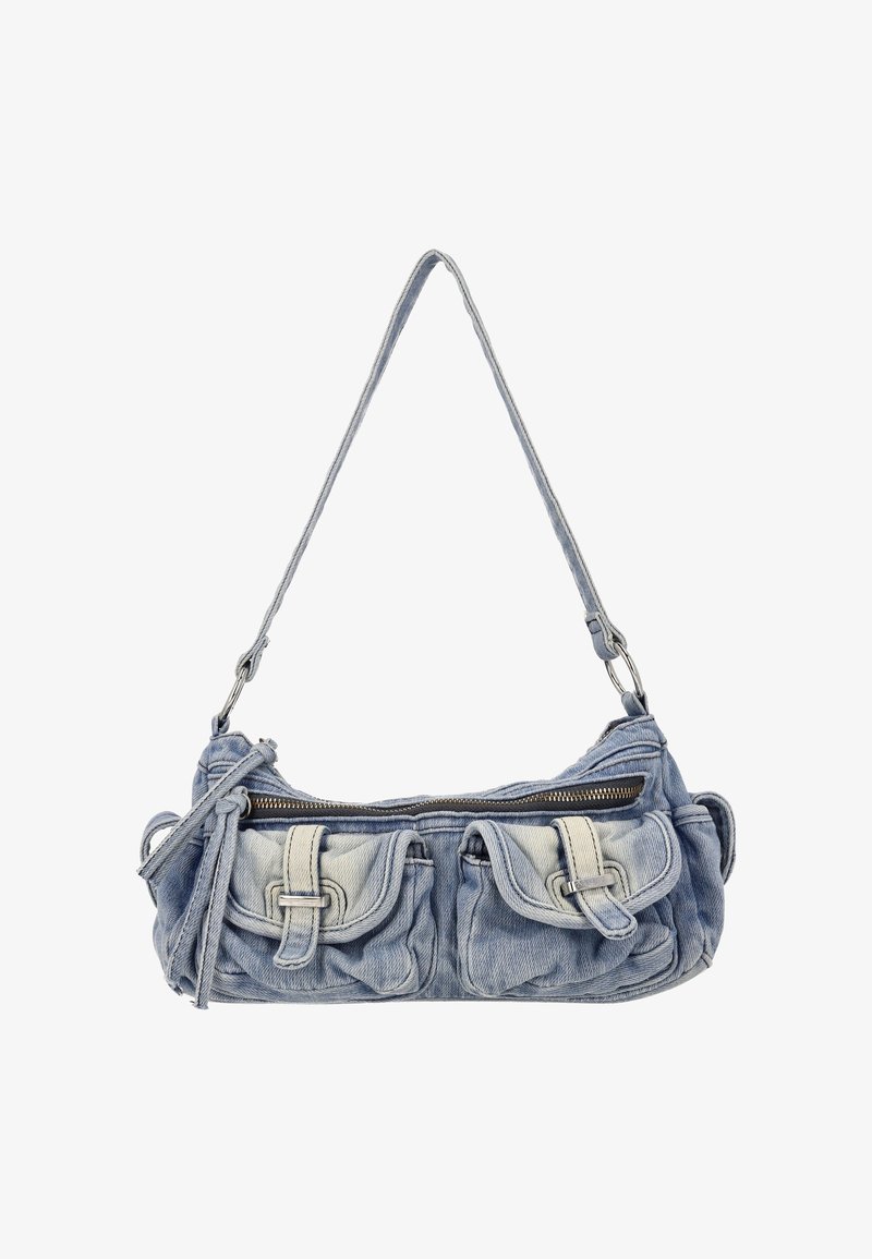 Jeanstasche in Hellblau mit Reißverschluss, zwei Vordertaschen und strukturierter Oberfläche. Verfügt über einen dünnen, verstellbaren Riemen.