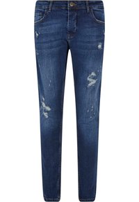 Jeans de color azul oscuro con parches desgastados y zonas deslavadas, que cuentan con un diseño clásico de cinco bolsillos y cierre de botón.