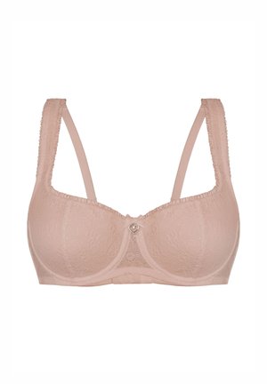 Spitzen-BH in sanftem Blush-Rosa mit leicht gepolsterten Cups, verstellbaren Trägern und einem herzförmigen silbernen Akzent in der Mitte vorne.