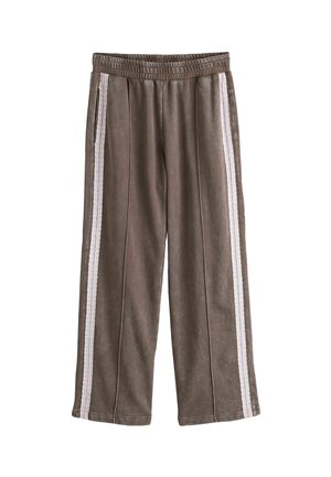 Brown straight-leg pants with elastic waistband and white lace stripes running down the outer sides of each leg.
