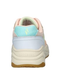 Skechers sneaker met een meerkleurig synthetisch bovenwerk in pastelkleuren. Kenmerken zijn textuuroppervlakken, een gevoerde hak en een rubberen loopzool.