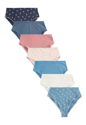 Sieben Damen-Slips in verschiedenen Farben, darunter Marineblau und Hellblau mit weißen Schleifenmustern, einfarbig staubiges Rosa, Blau und Weiß.