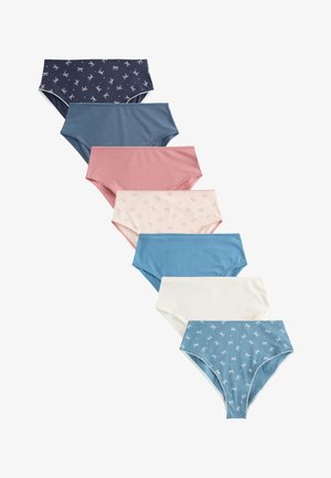 Sieben Damen-Slips in verschiedenen Farben, darunter Marineblau und Hellblau mit weißen Schleifenmustern, einfarbig staubiges Rosa, Blau und Weiß.