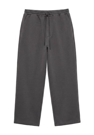 Pantalon de survêtement gris foncé à jambes larges avec taille élastique et cordon, doté de poches latérales et d'un ourlet droit.