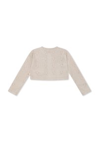 Pull court beige clair à manches longues, présentant un motif en losanges texturé sur l'ensemble et un col rond.