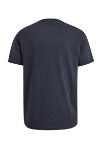 Navy blue cotton t-shirt with short sleeves, crew neckline, and a relaxed fit. No visible patterns or accents. Plain back view.
