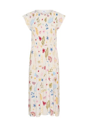 Rochie midi albă cu mâneci scurte. Prezintă broderii colorate cu flori și inimi în roșu, albastru, verde și galben. Detaliu cu talie plisată.