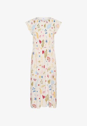 Balta midi kleita ar īsām piedurknēm. Ar krāsainu ziedu un sirds izšuvumu sarkanā, zilā, zaļā un dzeltenā krāsā. Čokurots jostas dizains.