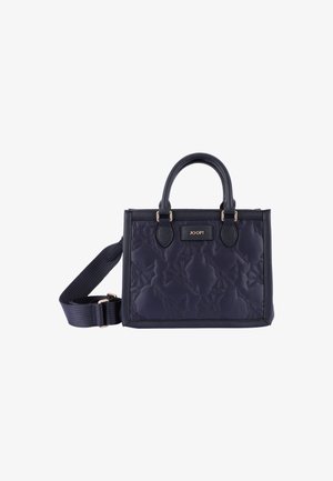 Borsa a tracolla blu navale trapuntata con manici doppi, tracolla regolabile e motivi floreali in rilievo. Presenta hardware in tonalità dorata e dettagli con logo.