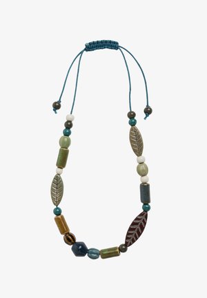 Beaded necklace featuring a mix of green, blue, brown, and cream beads. Details include textured leaf shapes and a toggle adjuster.