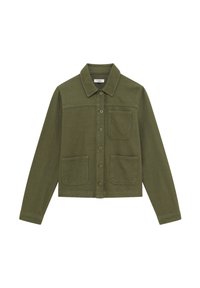 Veste vert olive avec un devant à boutons, col, manches longues, deux poches avant et tissu texturé. Pas d'embellissements supplémentaires.