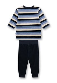 Peuteroutfit bestaande uit een set met een gestreepte top met lange mouwen in tinten blauw en room, gecombineerd met effen marineblauwe joggingsbroek.