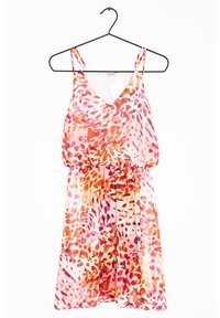 Ohut kukkakuosinen mekko, jossa on V-aukko, ohuet olkaimet ja joustava vyötärö. Värityksessä oranssin, vaaleanpunaisen ja kermaan sävyjä.