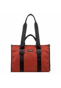 Borsa a tote rossa in nylon con manici in tessuto neri e accenti in pelle nera a contrasto, con forma rettangolare e chiusura con zip.