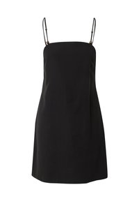 Schwarzes ärmelloses Kleid mit dünnen verstellbaren Trägern, geradem Schnitt und glatter Textur. Verfügt über dekorative Beschläge an den Trägern.