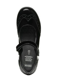 Black patent leather shoe with a rounded toe, decorative perforated accents, an adjustable strap, and a cushioned insole. Size 31.