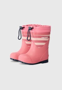 Botas de goma rosas con cordón en la parte superior, con rayas horizontales y suelas texturizadas, diseñadas para uso en clima húmedo.