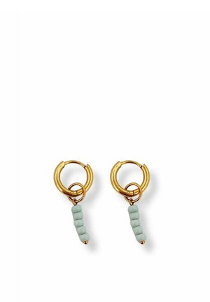 Gold hoop earrings with small dangling vertical blue-green bead clusters, displayed on a white background.