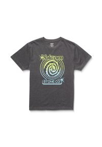Camiseta de algodón gris con un gráfico circular en verde y azul que presenta el texto "Volcom" y "STONE CO." en colores contrastantes.