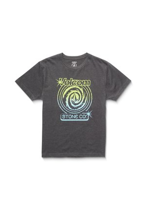Szary bawełnowy t-shirt z okrągłą grafiką w zieleni i niebieskim, z tekstem "Volcom" oraz "STONE CO." w kontrastujących kolorach.