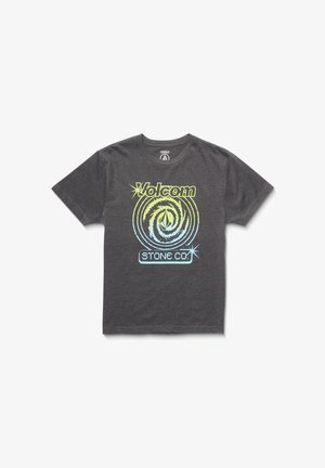 T-shirt en coton gris avec un graphique circulaire en vert et bleu, comportant le texte "Volcom" et "STONE CO." dans des couleurs contrastées.