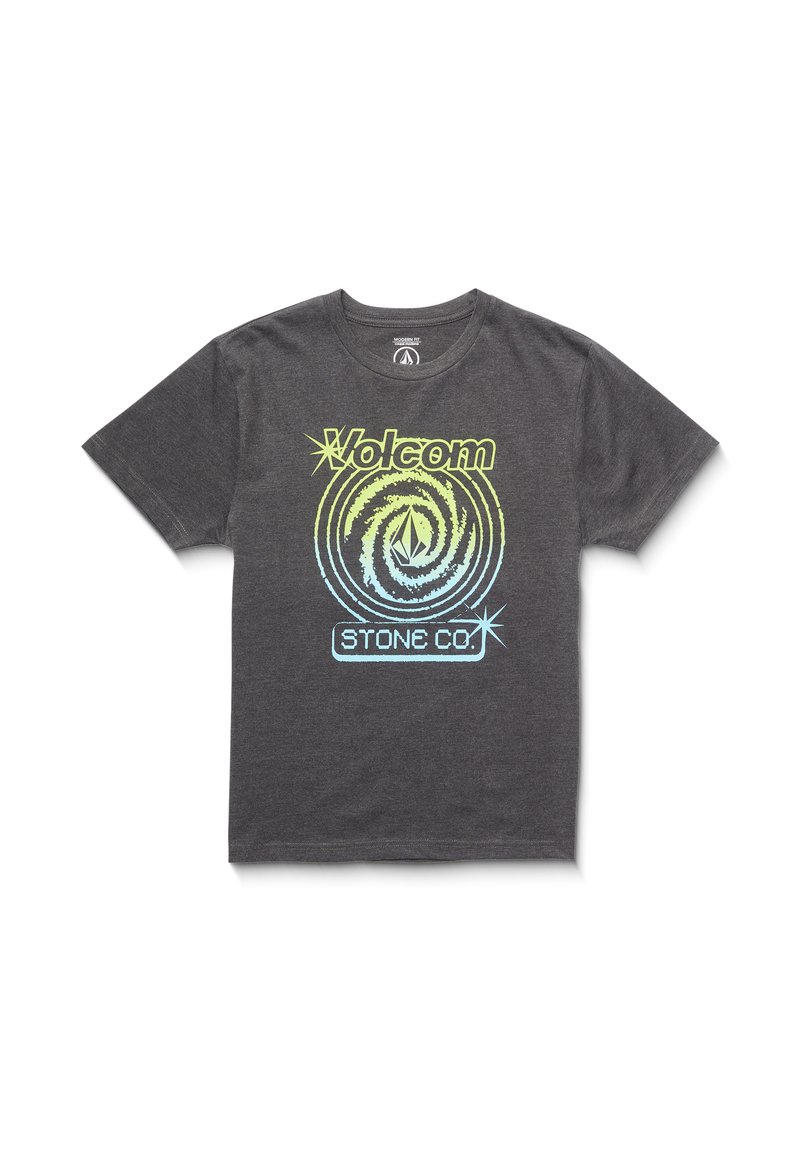 Camiseta de algodón gris con un gráfico circular en verde y azul que presenta el texto "Volcom" y "STONE CO." en colores contrastantes.