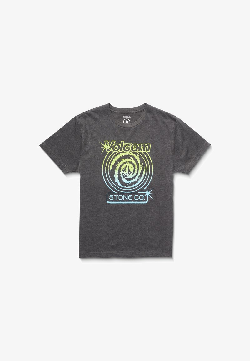 Gray cotton t-shirt featuring a circular graphic in green and blue with "Volcom" and "STONE CO." text in contrasting colors.