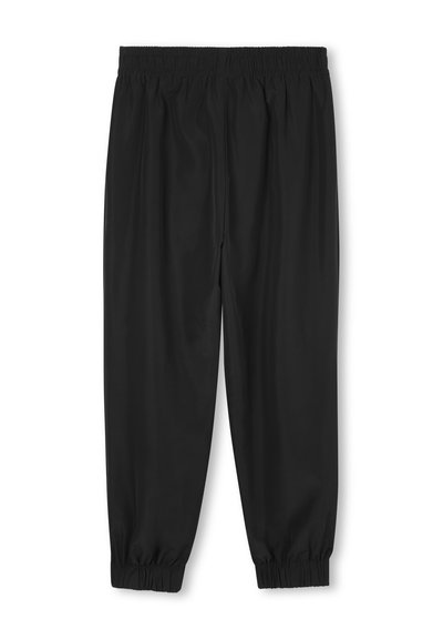 Zwarte broek met een elastische tailleband en gerimpelde manchetten. Soepele, lichte stof met een rechte snit en zonder zakken.