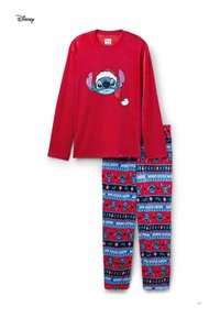 Kinderpyjamas mit einem roten Langarmshirt mit einer Stitch-Grafik und blau gemusterten Hosen mit festlichen Motiven in lebendigen Farben.