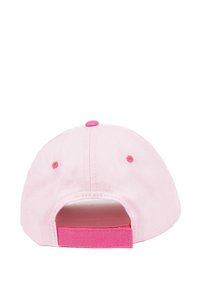 Rosa Baseballkappe mit glatter Textur, verstellbarem Riemen und kreisförmigem Knopfdetail auf der Krone. Vier Belüftungslöcher an den Seiten.