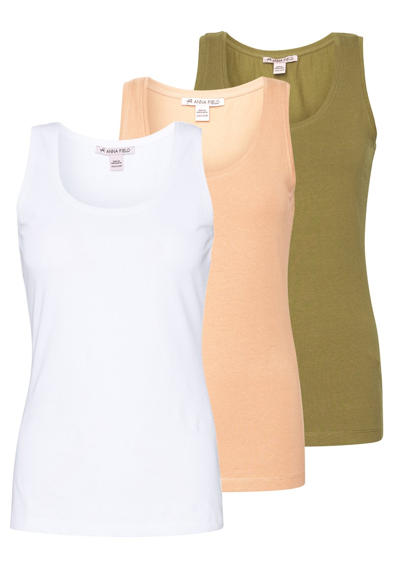 Damen T-Shirts | Anna Field BASIC TANK 3er Pack Top white/camel/martini olive/weiß - QX29563 Damen T-Shirts | Anna Field BASIC TANK 3er Pack Top white/camel/martini olive/weiß - QX29563