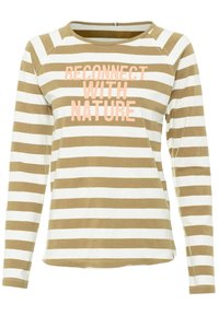 Chemise à manches longues avec des rayures horizontales beige et blanches, avec le texte rose « RETROUVEZ LA NATURE » sur le devant.
